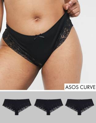 фото Набор из 3 хлопковых бразильских трусов с кружевными вставками asos design curve-черный asos curve