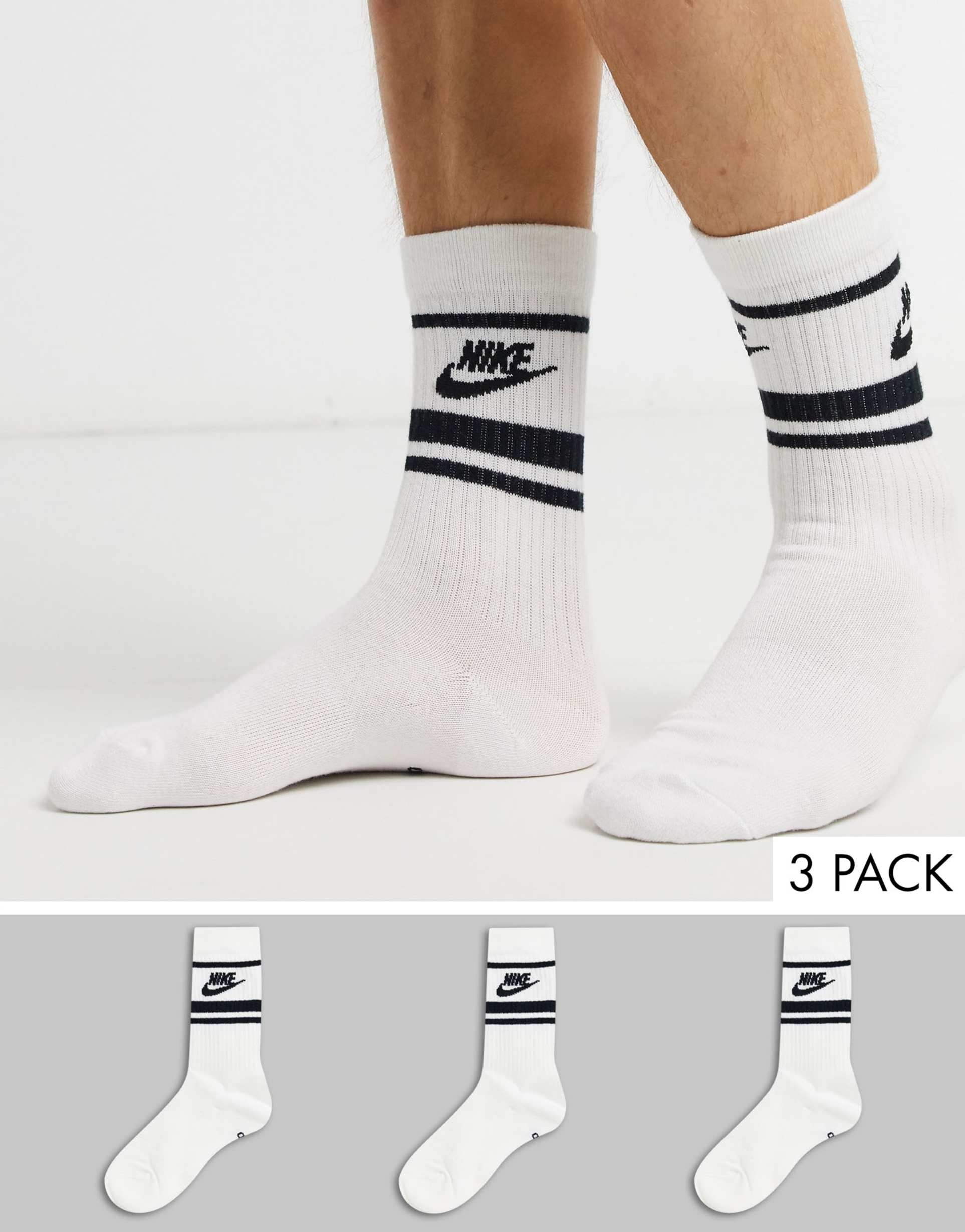 Nike Essential Stripe 3 Pack Socks in White with Black logo