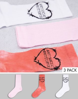 фото Набор из 3 пар носков разных цветов с розовыми носками с эффектом тай-дай и надписью "anti social butterfly" new girl order-разноцветный