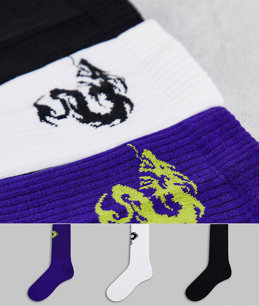 фото Набор из 3 пар носков с драконом разных цветов с фиолетовыми носками new girl order-разноцветный
