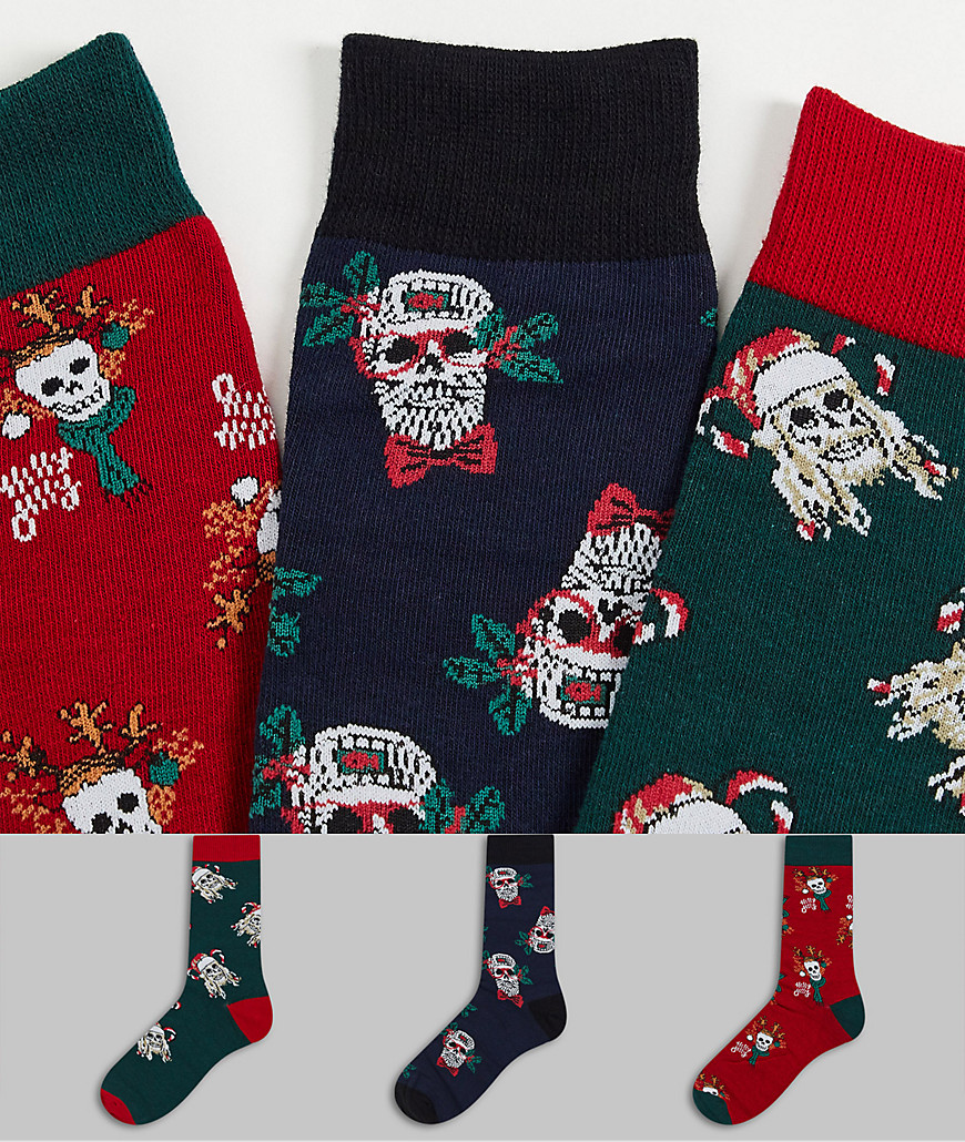 фото Набор из 3 пар носков с новогодними принтами черепов в подарочной упаковке jack & jones-зеленый цвет