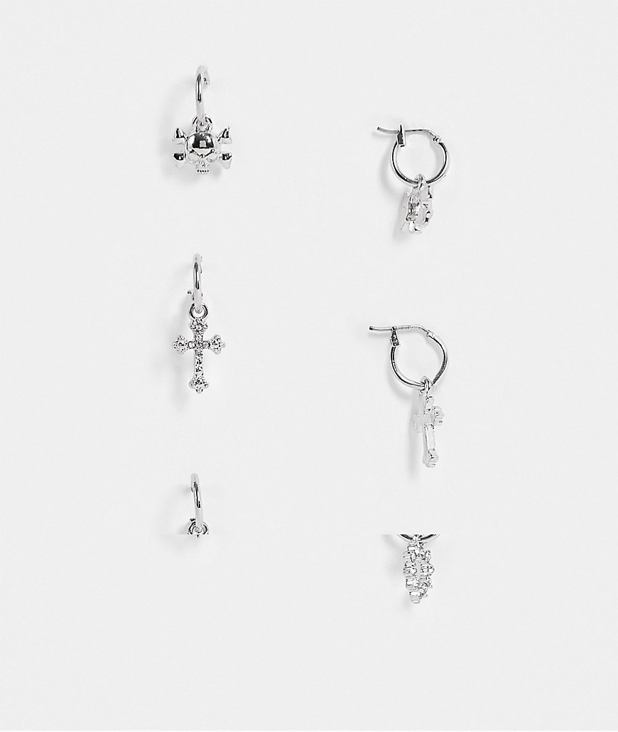 фото Набор из 3 пар серебристых серег-колец с подвесками в виде черепа, крестика и сердечка asos design-серебряный