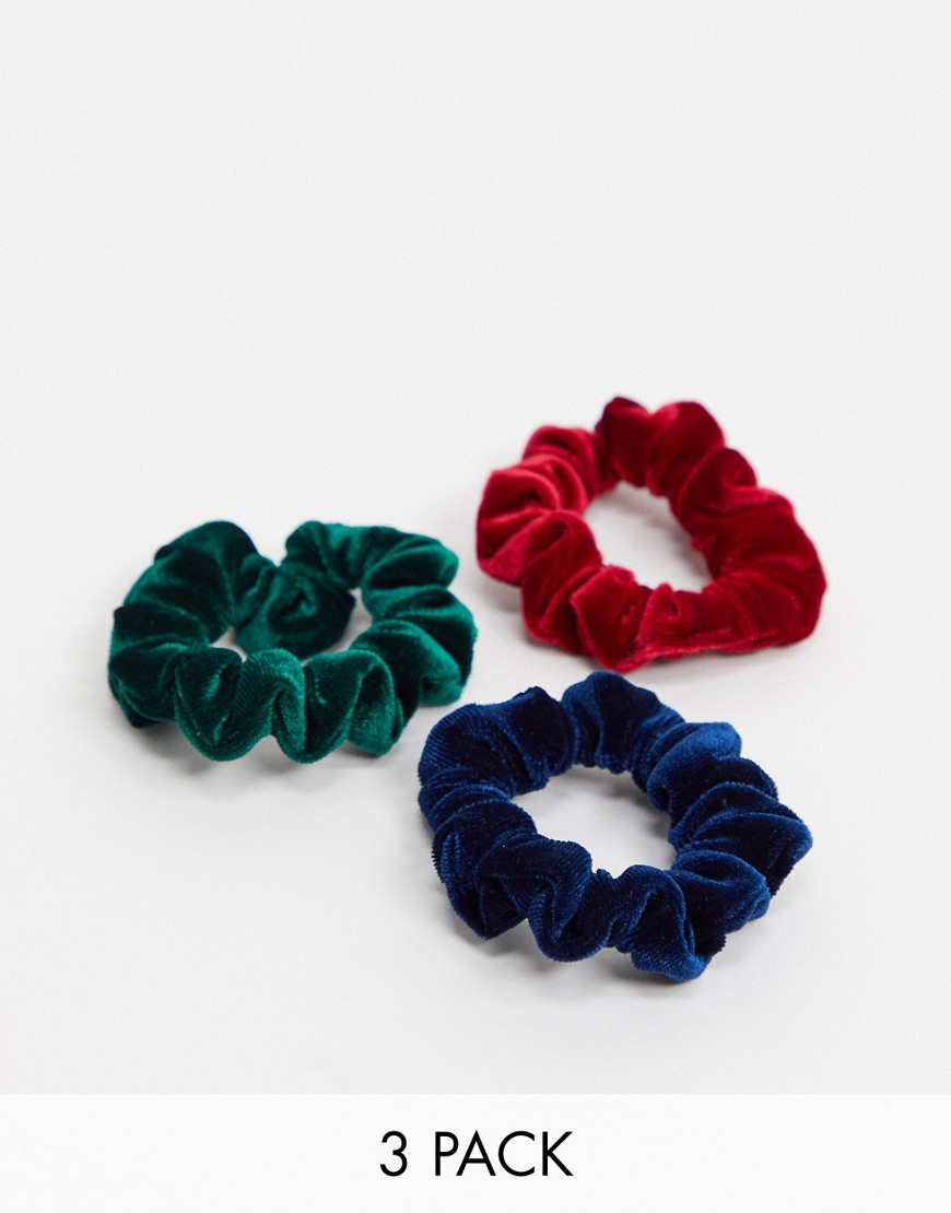 фото Набор из 3 узких бархатных резинок для волос зеленого, синего и красного цвета asos design-мульти