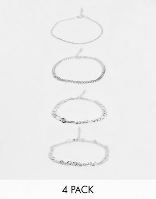фото Набор из 4 серебристых браслетов на ногу из нескольких разных цепочек asos design-серебристый