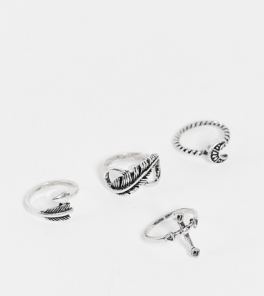 фото Набор из 4 серебристых колец с отделкой крестом и перьями reclaimed vintage inspired-серебристый