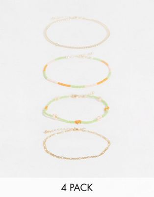 фото Набор из 4 золотистых ножных браслетов с бусинами в виде цветов и разноцветных цепочек asos design-золотистый
