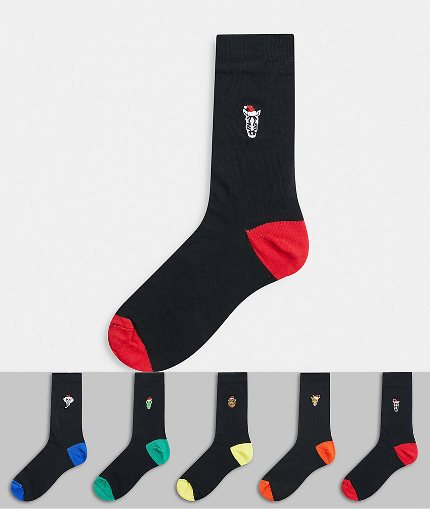 фото Набор из 5 пар черных носков с новогодним принтом с животными burton menswear-черный цвет
