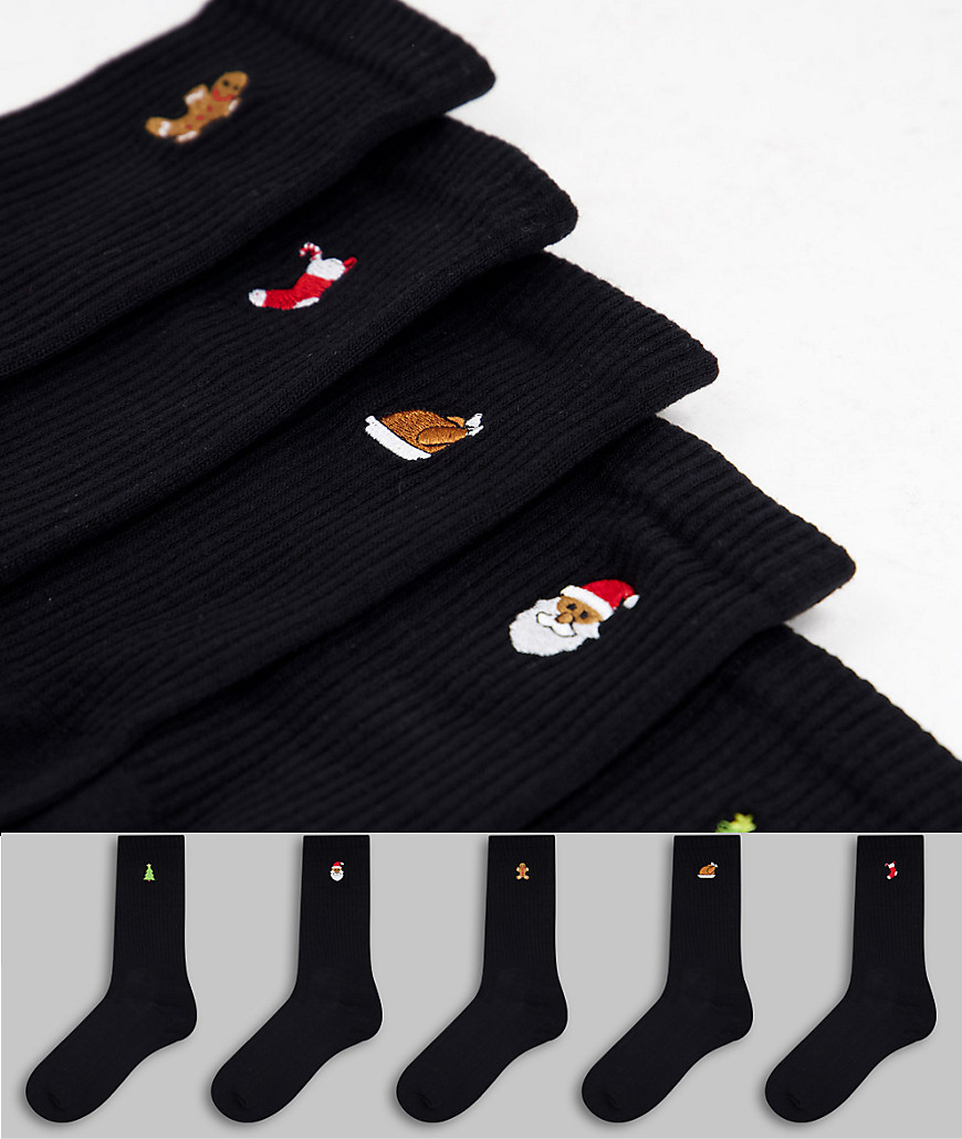 фото Набор из 5 пар черных носков с разноцветной вышивкой в новогоднем стиле new look-черный цвет