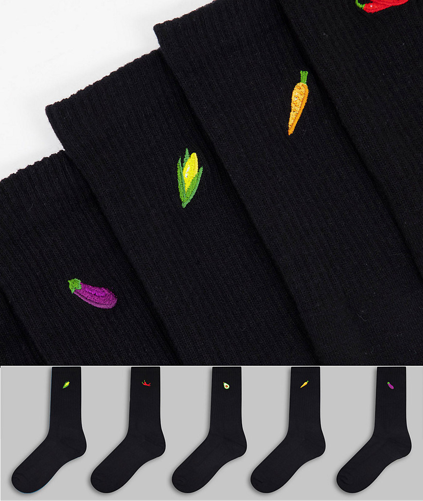 фото Набор из 5 пар черных носков с вышивкой овощей new look-черный цвет