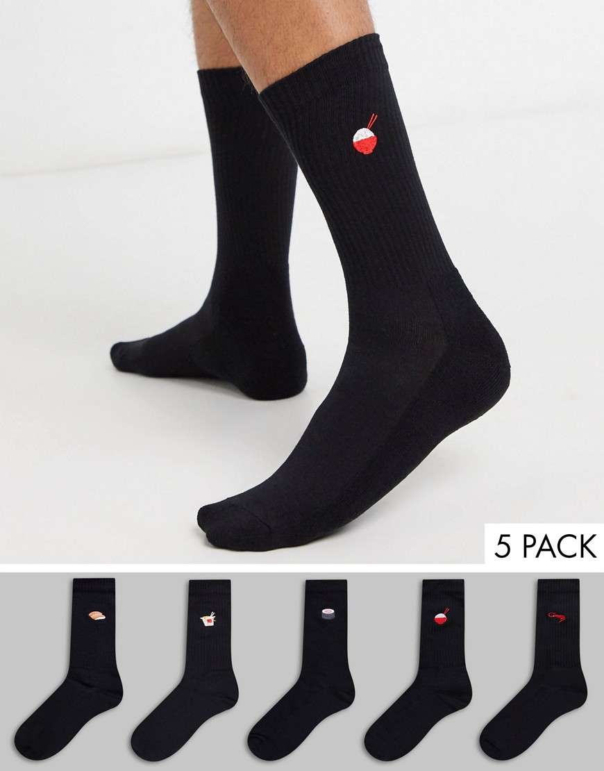 фото Набор из 5 пар черных носков с вышивкой суши new look-черный