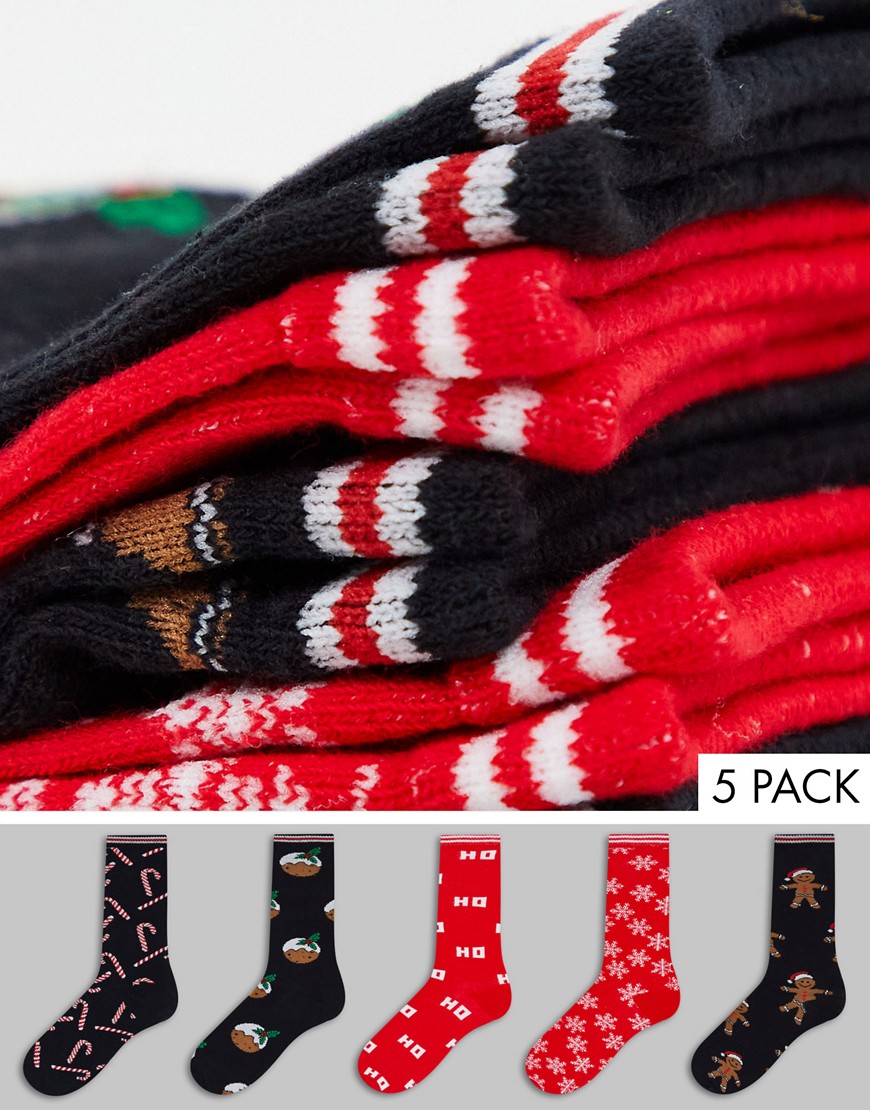 фото Набор из 5 пар новогодних носков красного и черного цветов с изображением пудингов brave soul-красный