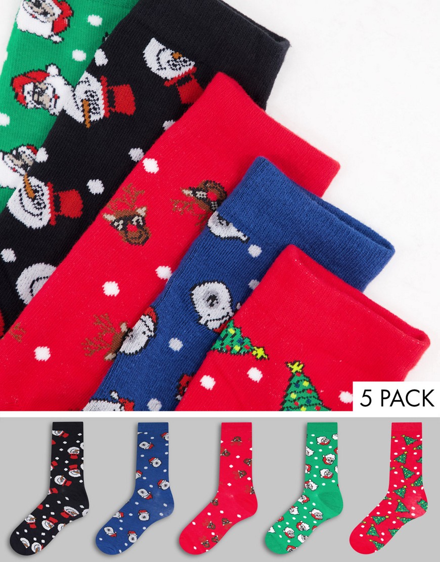 Набор из 5 пар новогодних носков с праздничными принтами -Красный Brave Soul 12085716