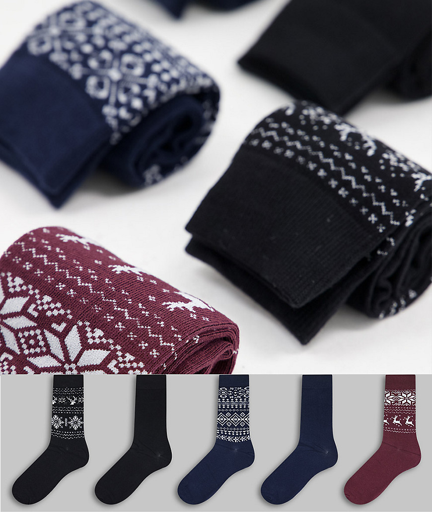 фото Набор из 5 пар разноцветных носков с новогодним принтом фэйр-айл jack & jones-темно-синий