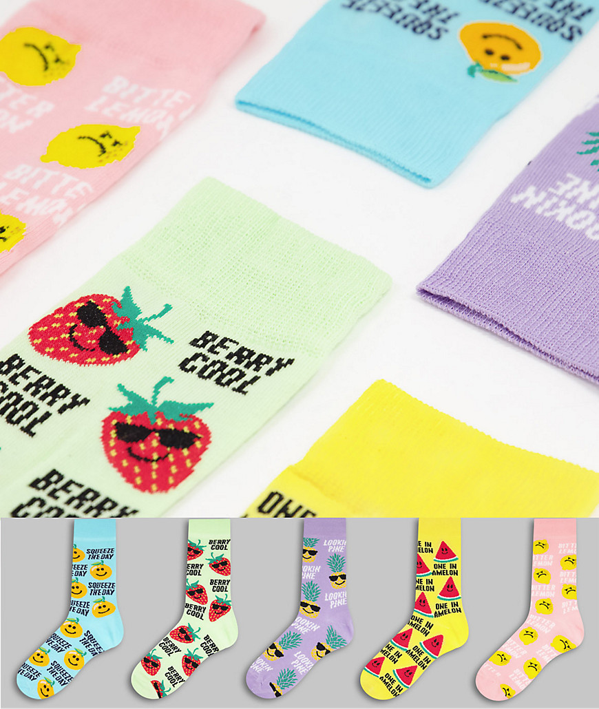 фото Набор из 5 пар разноцветных носков с принтом фруктов new look-разноцветный