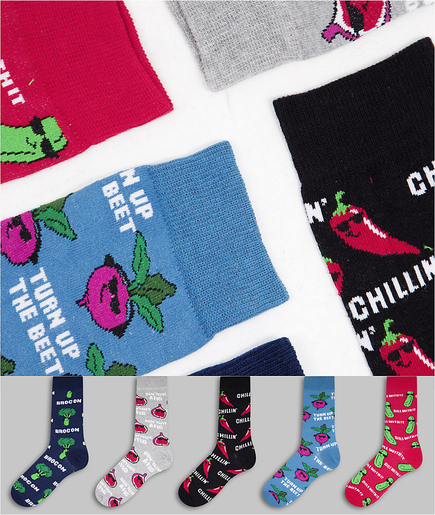 фото Набор из 5 пар разноцветных носков с принтом овощей new look-разноцветный
