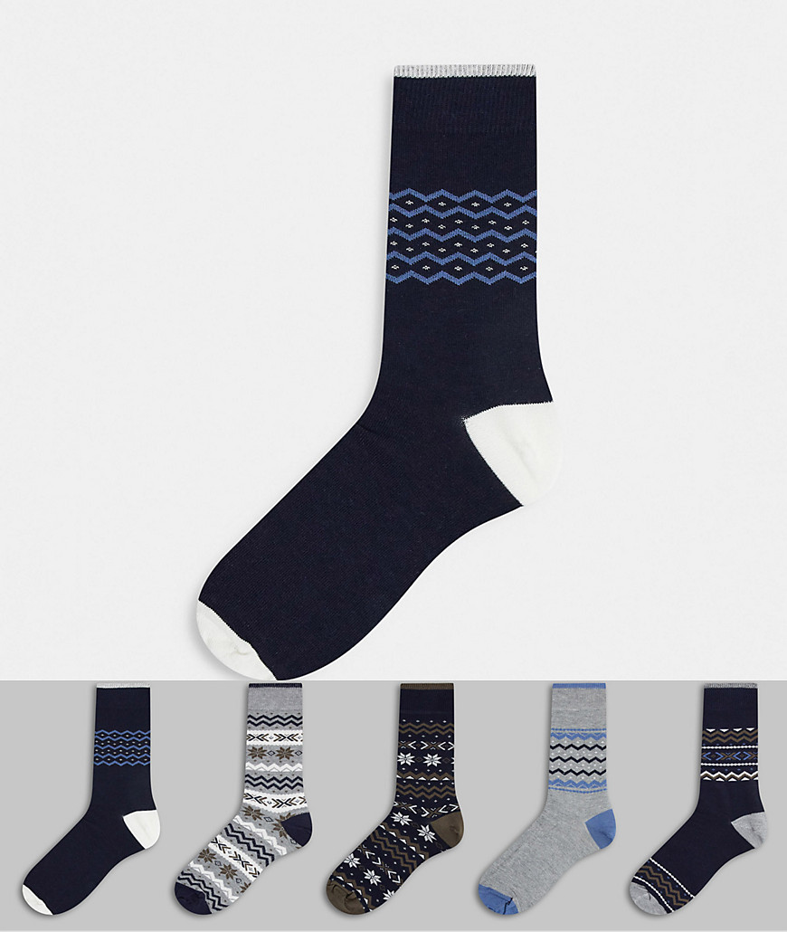 фото Набор из 5 пар темно-синих носков с узором «фэр-айл» burton menswear-темно-синий