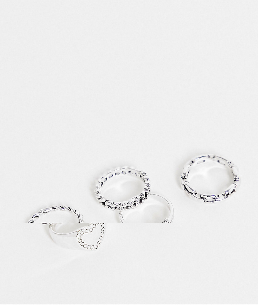фото Набор из 5 серебристых колец с разными дизайнами в виде колючей проволоки и сердца topshop-серебристый