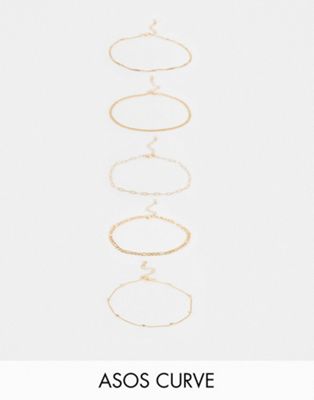 фото Набор из 5 золотистых браслетов на щиколотку с разным дизайном asos design curve-золотистый asos curve