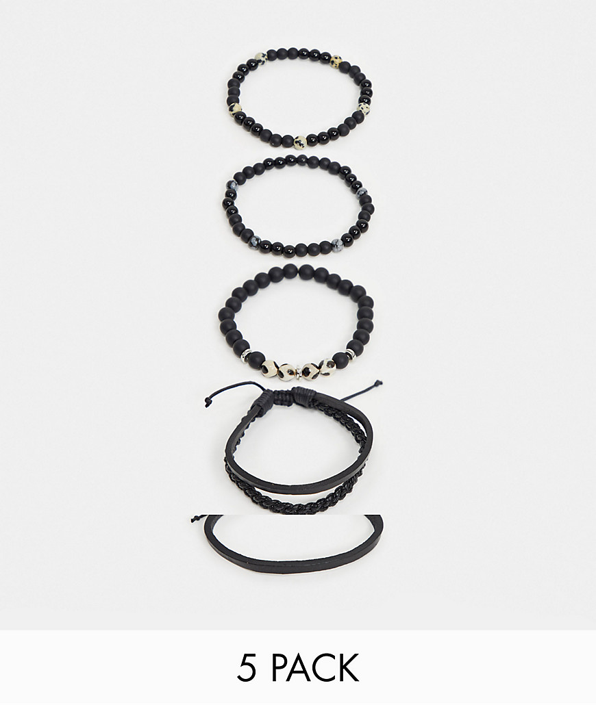 фото Набор из черных браслетов с бусинами из далматиновой яшмы, снежного обсидиана и агата asos design-черный