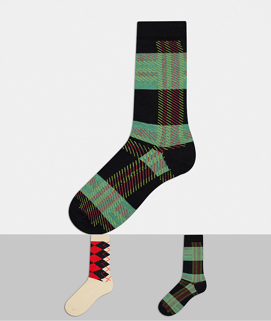 фото Набор из двух пар носков средней длины с ярким рисунком в ромбик asos design-многоцветный
