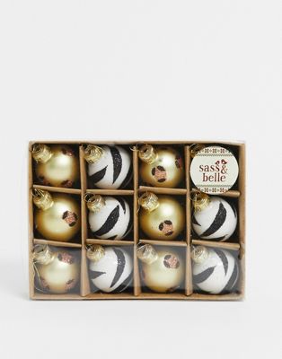фото Набор из 12 елочных шаров со звериным принтом и блестками sass & belle-мульти