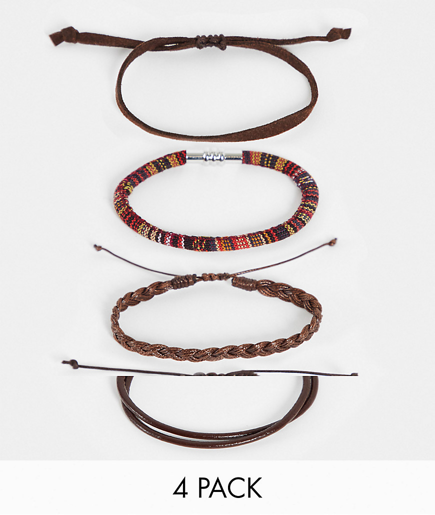 фото Набор коричневых браслетов из кожи и тканого материала с ацтекским принтом asos design-коричневый цвет