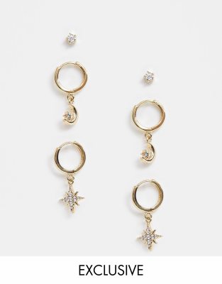 Серьги  Asos Набор серег со звездочками и полумесяцами Reclaimed Vintage inspired-Золотистый