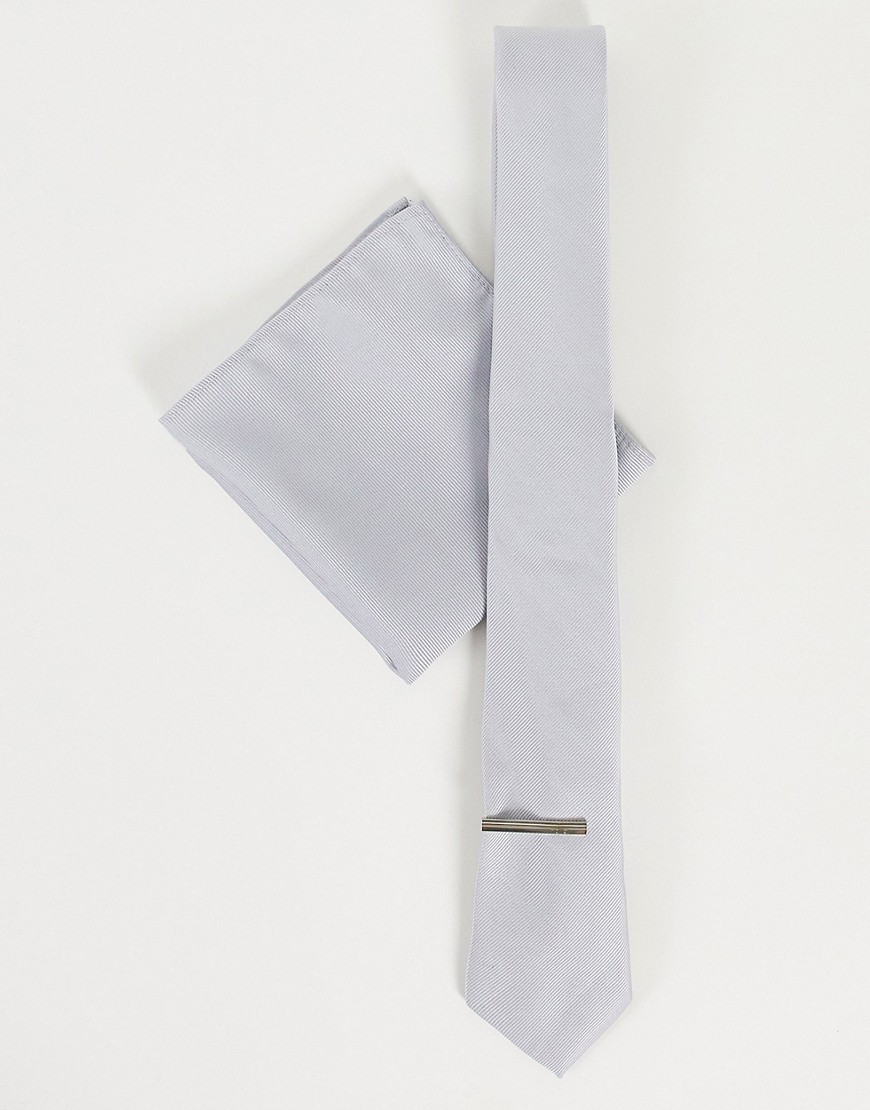 фото Набор с галстуком с зажимом и платком для нагрудного кармана серебристого цвета topman-серебряный