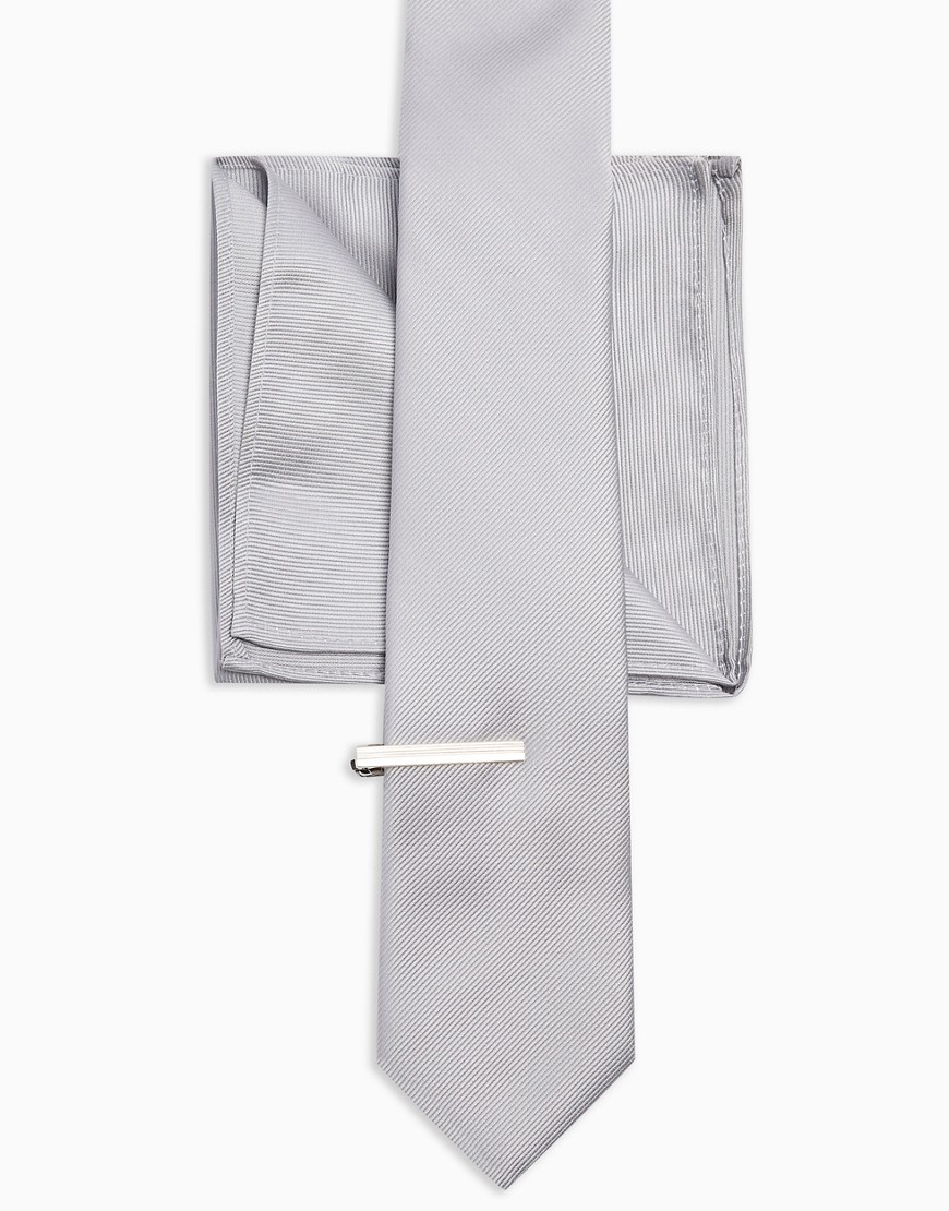 фото Набор с галстуком с зажимом и платком для нагрудного кармана серебристого цвета topman-серебристый