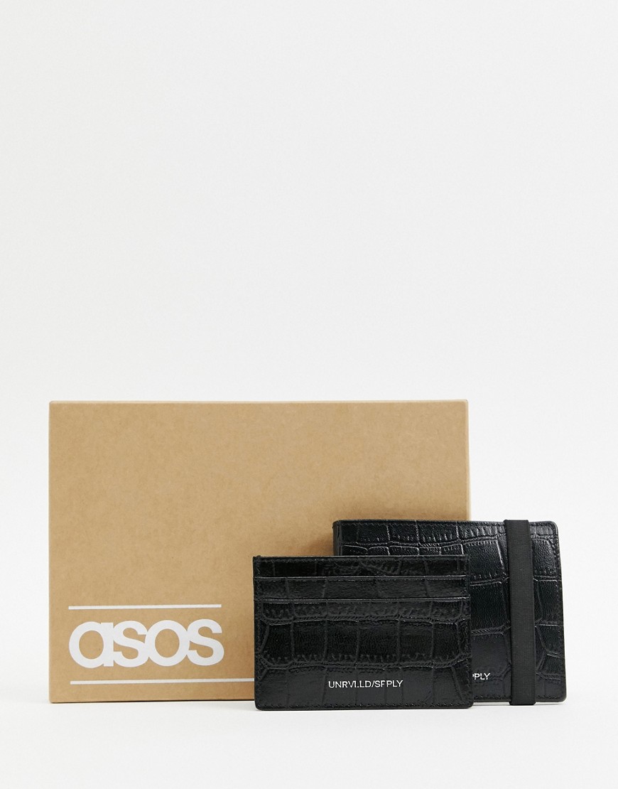 фото Набор из кожаного бумажника и кошелька для карт с текстурой крокодиловой кожи asos design-черный