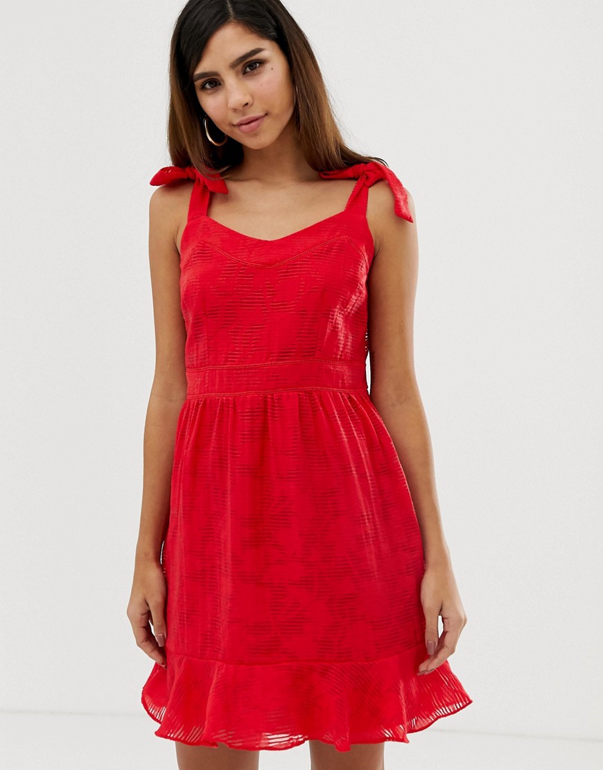 Naf Naf summer dress with bows on the shoulder and volants-Red