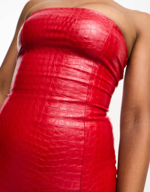 Naked Wardrobe bandeau leather look front split midi dress in red croc