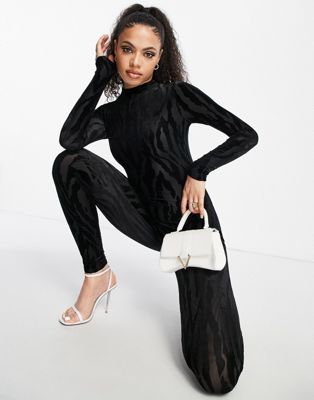 Naked Wardrobe burnout long sleeve fitted jumpsuit in black tiger