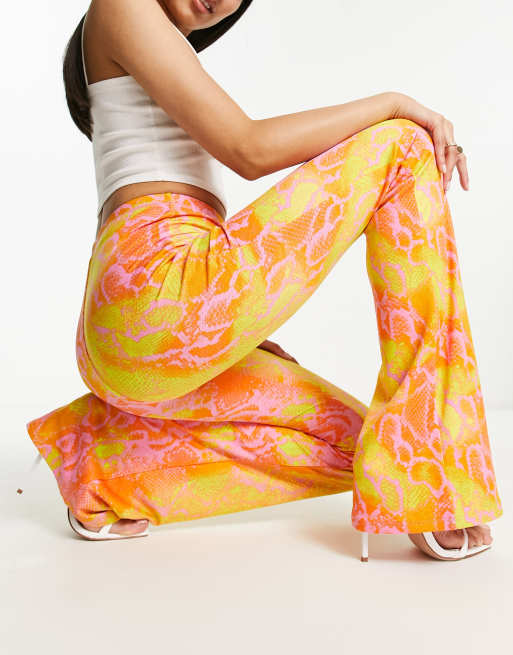 Orange Snake Print Slinky Flare Leg Trousers, Trousers