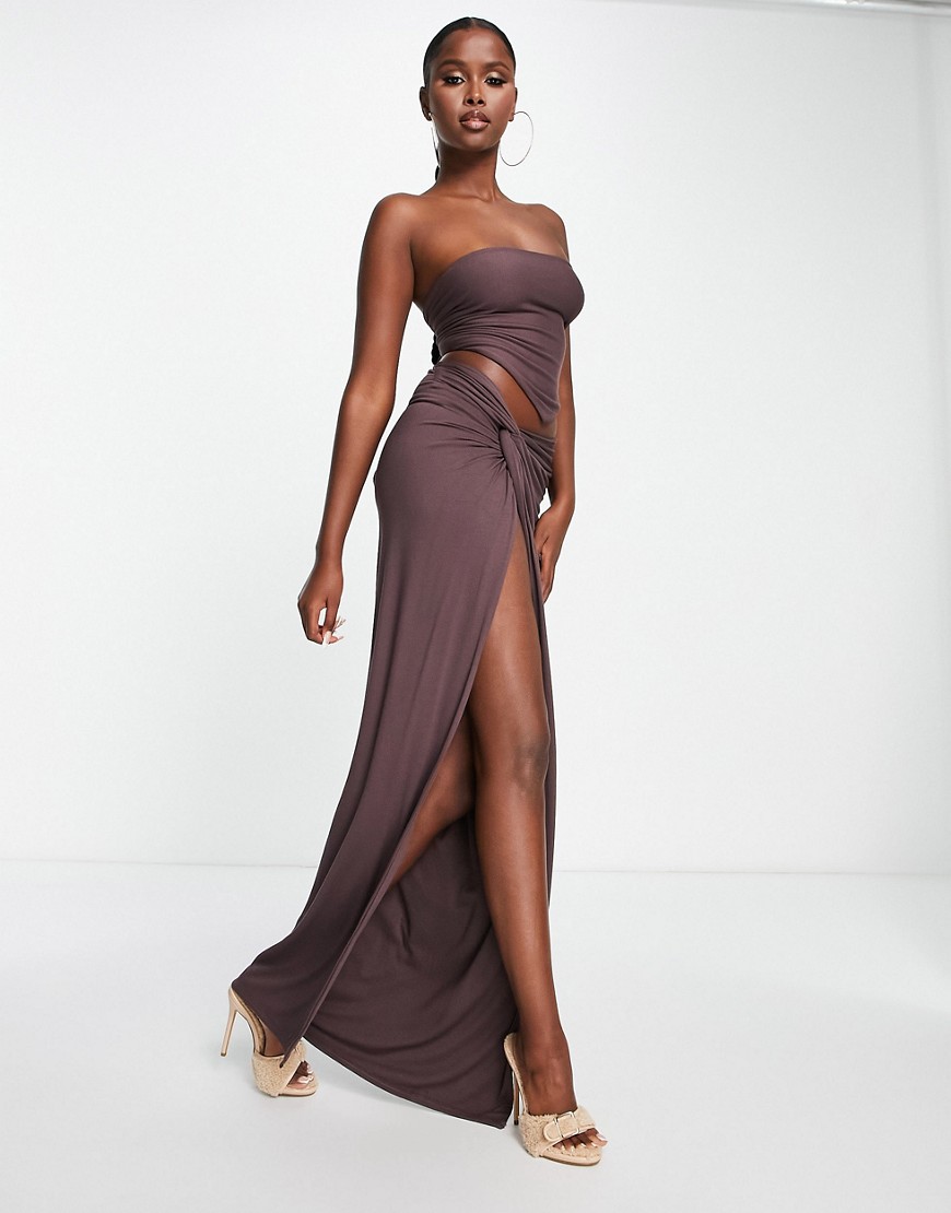 Naked Wardrobe knot side high slit maxi skirt in espresso-Brown
