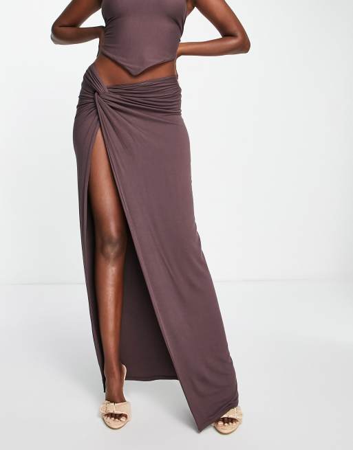 Naked Wardrobe knot side high slit maxi skirt in espresso