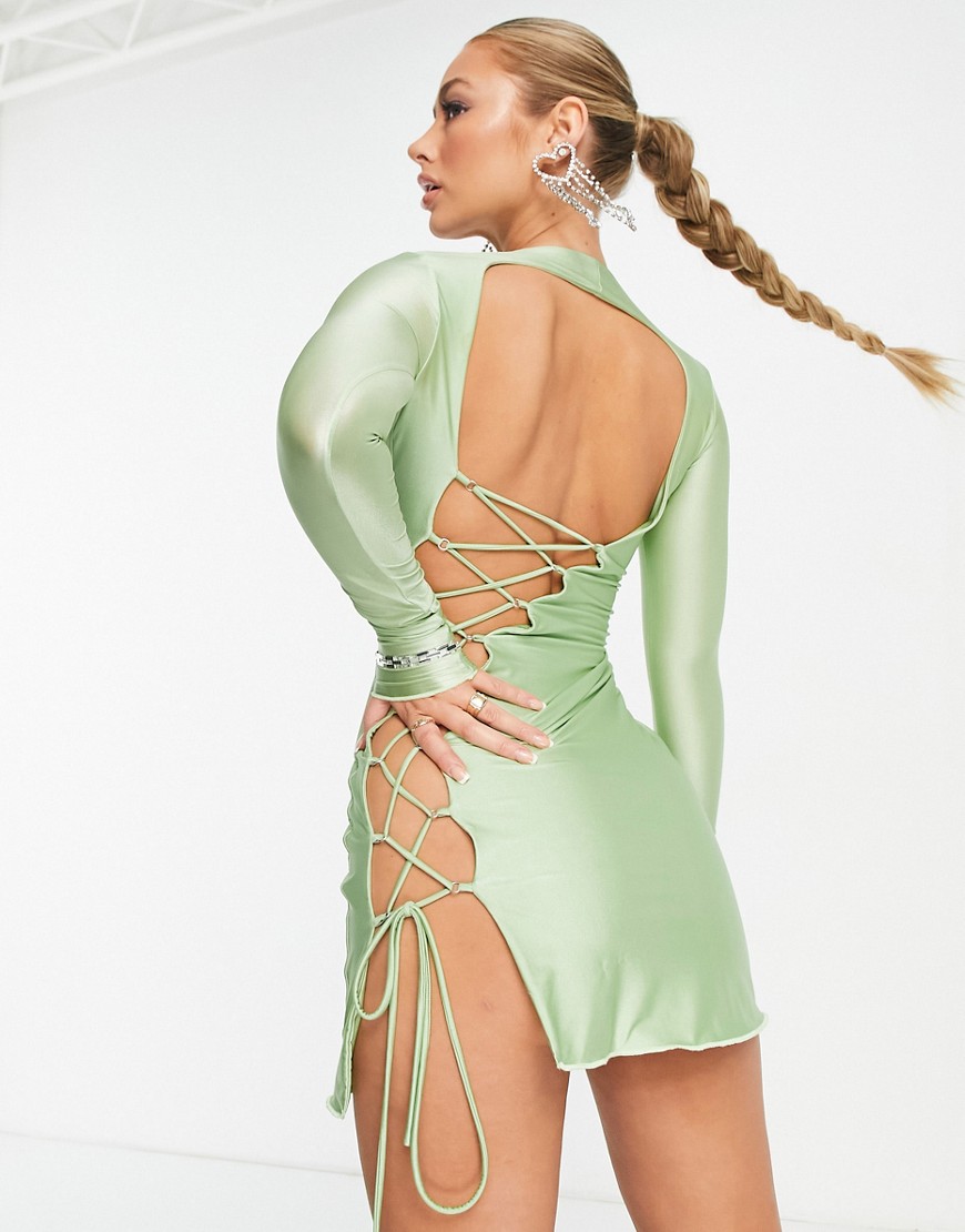 Naked Wardrobe lace up back mini dress in light green