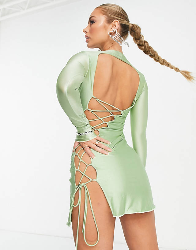 Naked Wardrobe - lace up back mini dress in light green