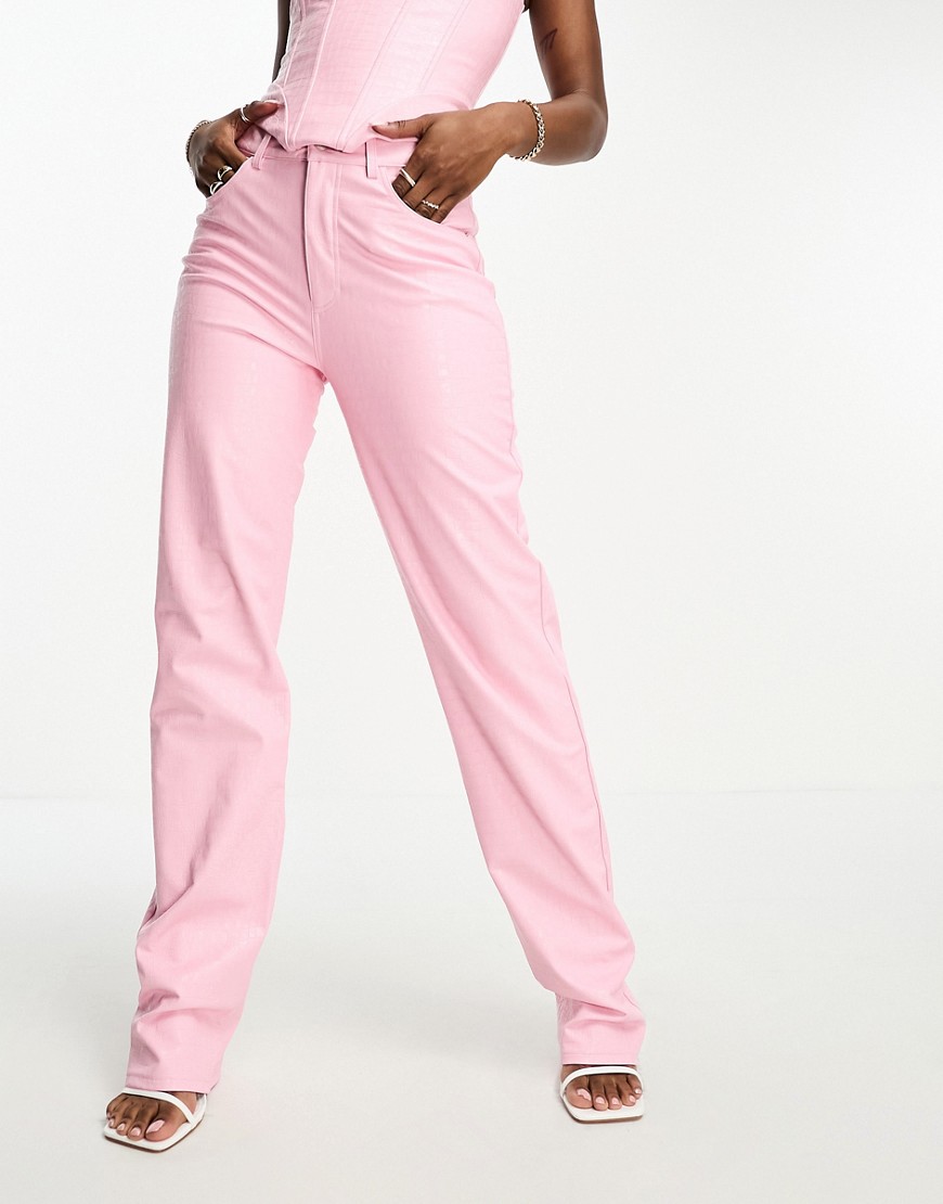 Naked Wardrobe leather look straight leg pants in pink croc effect