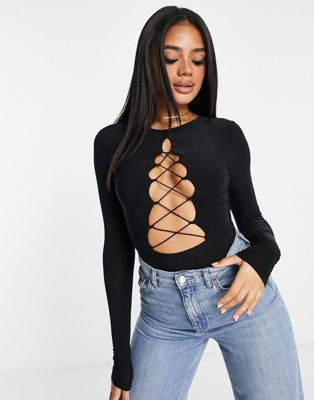Naked Wardrobe long sleeve lace up front body in black
