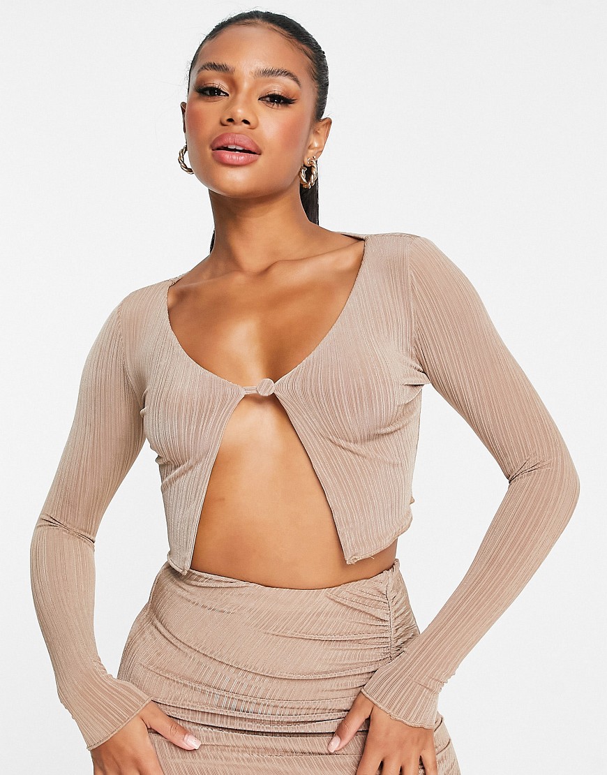 Naked Wardrobe long sleeve open cropped top in tan-Brown