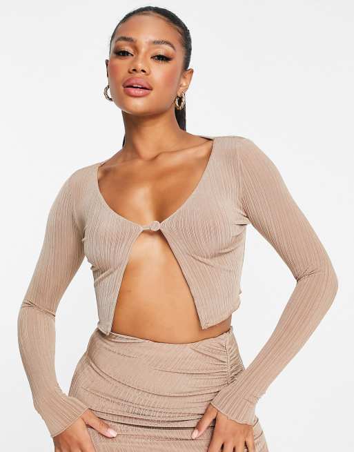 Pull&Bear ribbed long sleeve yoga top in tan