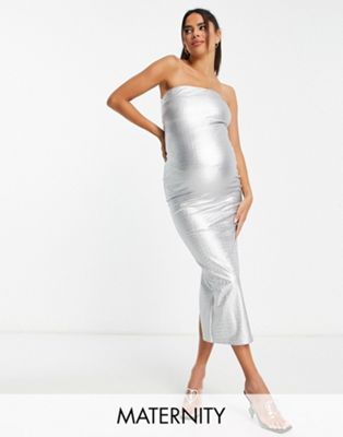 Naked Wardrobe Maternity moc croc bandeau midi pencil dress in silver - ASOS Price Checker