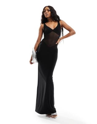 Naked Wardrobe Metallic High Slit Cutout Maxi Dress Black at