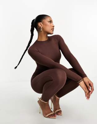 Shop Naked Wardrobe micro modal long sleeve jumpsuit in chocolate Online – Trendy & Affordable Fashion