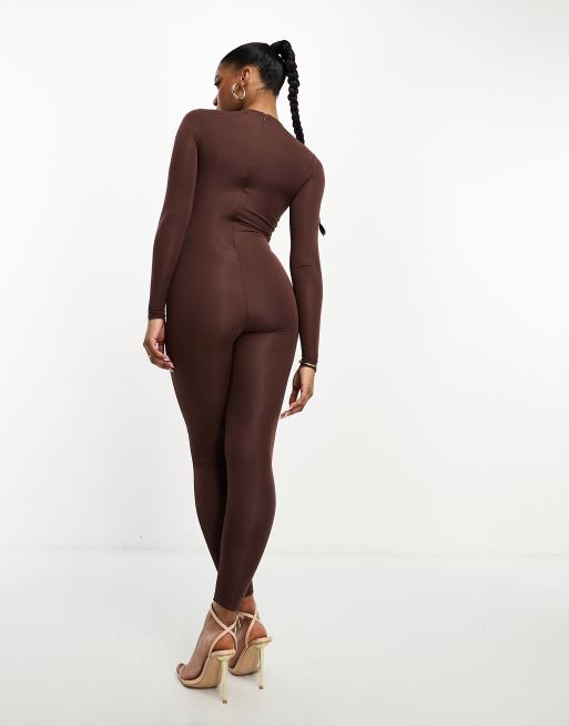 Naked Wardrobe Sweet T Funnel Neck Jumpsuit - Chocolate