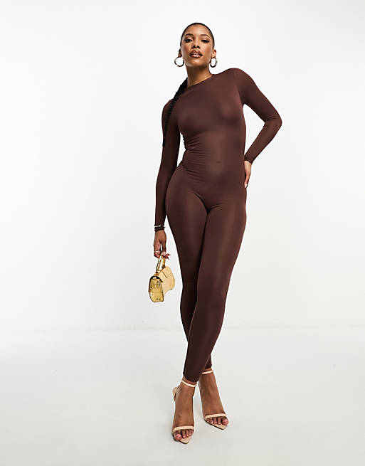 Naked Wardrobe micro modal long sleeve jumpsuit in chocolate