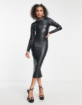 Naked Wardrobe Moc Croc Square Long Sleeve Midi Bodycon Dress In Black