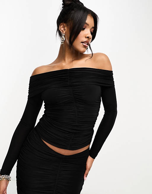 Naked Wardrobe ruched long sleeve top and maxi skirt co-ord in black