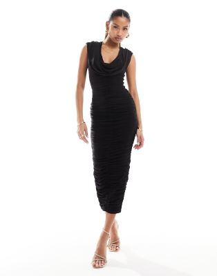 Naked Wardrobe Naked Wardrobe ruched bodycon midi dress with hood in black